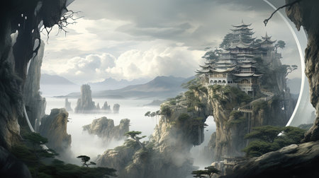 A peaceful and tranquil mountain retreat nestled in an old-fashioned house. Immerse yourself in the zen-inspired beauty of intricate imagery, with a muted tonality that adds to the sense of calm. This uhd image captures the essence of landscape art, featuring circular shapes that evoke a sense of harmony and balance.の素材