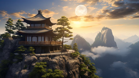 A peaceful and tranquil mountain retreat nestled in an old-fashioned house. Immerse yourself in the zen-inspired beauty of intricate imagery, with a muted tonality that adds to the sense of calm. This uhd image captures the essence of landscape art, featuring circular shapes that evoke a sense of harmony and balance.の素材