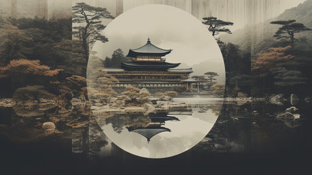 A peaceful and tranquil mountain retreat nestled in an old-fashioned house. Immerse yourself in the zen-inspired beauty of intricate imagery, with a muted tonality that adds to the sense of calm. This uhd image captures the essence of landscape art, featuring circular shapes that evoke a sense of harmony and balance.の素材
