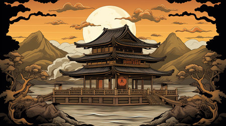 A peaceful and tranquil mountain retreat nestled in an old-fashioned house. Immerse yourself in the zen-inspired beauty of intricate imagery, with a muted tonality that adds to the sense of calm. This uhd image captures the essence of landscape art, featuring circular shapes that evoke a sense of harmony and balance.の素材