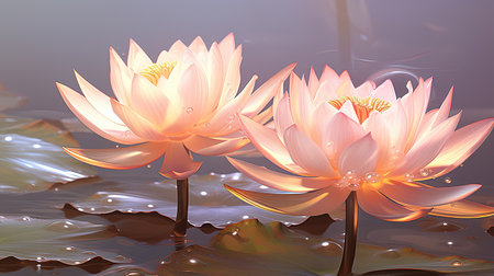 Experience the ethereal charm of water lilies adorned with dew drops and bathed in the soft glow of the sun. A mesmerizing sight that captures the delicate balance between nature's grace and vibrant colors.の素材
