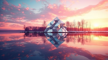 Discover the beauty of nature in a modern and artistic way with this stunning geometric landscape. The half low poly design adds a unique twist to the natural scenery, creating a mesmerizing blend of modern and organic. Perfect for anyone who loves bold, contemporary design and the great outdoors.の素材