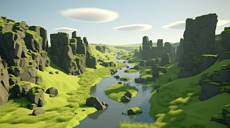 Discover the beauty of nature in a modern and artistic way with this stunning geometric landscape. The half low poly design adds a unique twist to the natural scenery, creating a mesmerizing blend of modern and organic. Perfect for anyone who loves bold, contemporary design and the great outdoors.の素材