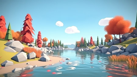 Discover the beauty of nature in a modern and artistic way with this stunning geometric landscape. The half low poly design adds a unique twist to the natural scenery, creating a mesmerizing blend of modern and organic. Perfect for anyone who loves bold, contemporary design and the great outdoors.の素材
