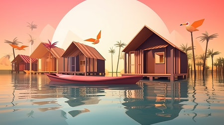 Discover the beauty of nature in a modern and artistic way with this stunning geometric landscape. The half low poly design adds a unique twist to the natural scenery, creating a mesmerizing blend of modern and organic. Perfect for anyone who loves bold, contemporary design and the great outdoors.の素材