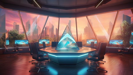 Experience the power of collaboration and innovation in this sleek, modern meeting room bathed in warm, golden hour light. Witness executives engaging in animated discussions, fueling creativity and productivity.の素材