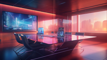 Experience the power of collaboration and innovation in this sleek, modern meeting room bathed in warm, golden hour light. Witness executives engaging in animated discussions, fueling creativity and productivity.の素材