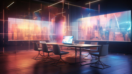 Experience the power of collaboration and innovation in this sleek, modern meeting room bathed in warm, golden hour light. Witness executives engaging in animated discussions, fueling creativity and productivity.の素材