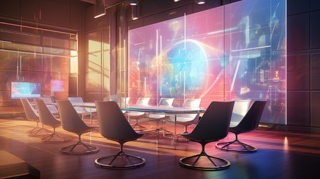 Experience the power of collaboration and innovation in this sleek, modern meeting room bathed in warm, golden hour light. Witness executives engaging in animated discussions, fueling creativity and productivity.の素材