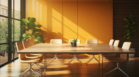Experience the power of collaboration and innovation in this sleek, modern meeting room bathed in warm, golden hour light. Witness executives engaging in animated discussions, fueling creativity and productivity.の素材