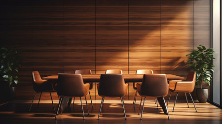 Experience the power of collaboration and innovation in this sleek, modern meeting room bathed in warm, golden hour light. Witness executives engaging in animated discussions, fueling creativity and productivity.の素材