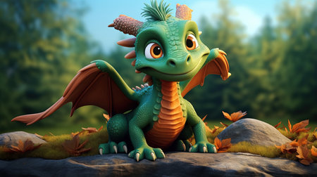 This digital image depicts a cute dragon in the style of realistic figurative paintings and street art. The dragon is portrayed with light red and green shades, giving it a vibrant and lively appearance.の素材