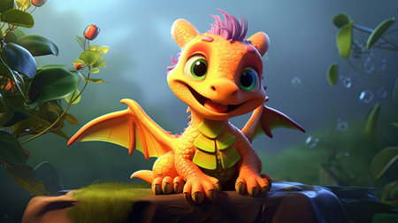 This digital image depicts a cute dragon in the style of realistic figurative paintings and street art. The dragon is portrayed with light red and green shades, giving it a vibrant and lively appearance.の素材