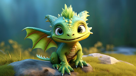 This digital image depicts a cute dragon in the style of realistic figurative paintings and street art. The dragon is portrayed with light red and green shades, giving it a vibrant and lively appearance.の素材