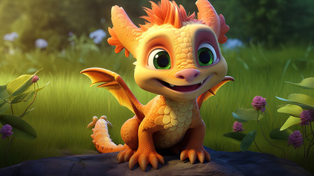 This digital image depicts a cute dragon in the style of realistic figurative paintings and street art. The dragon is portrayed with light red and green shades, giving it a vibrant and lively appearance.の素材