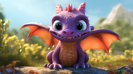 This digital image depicts a cute dragon in the style of realistic figurative paintings and street art. The dragon is portrayed with light red and green shades, giving it a vibrant and lively appearance.の素材
