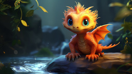 This digital image depicts a cute dragon in the style of realistic figurative paintings and street art. The dragon is portrayed with light red and green shades, giving it a vibrant and lively appearance.の素材