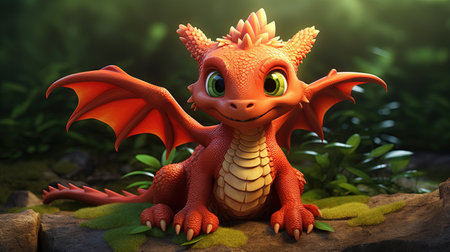 This digital image depicts a cute dragon in the style of realistic figurative paintings and street art. The dragon is portrayed with light red and green shades, giving it a vibrant and lively appearance.の素材