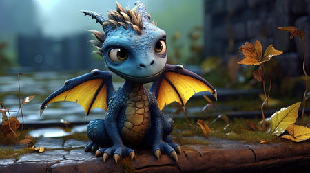 This digital image depicts a cute dragon in the style of realistic figurative paintings and street art. The dragon is portrayed with light red and green shades, giving it a vibrant and lively appearance.の素材