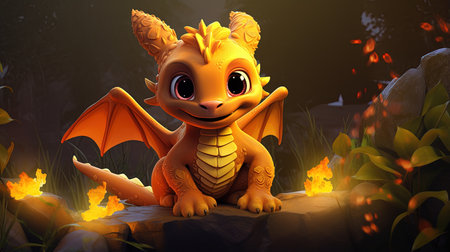 This digital image depicts a cute dragon in the style of realistic figurative paintings and street art. The dragon is portrayed with light red and green shades, giving it a vibrant and lively appearance.の素材