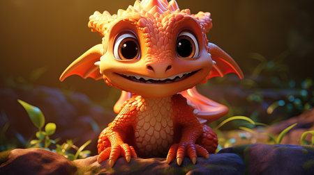This digital image depicts a cute dragon in the style of realistic figurative paintings and street art. The dragon is portrayed with light red and green shades, giving it a vibrant and lively appearance.の素材