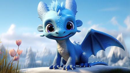 This digital image depicts a cute dragon in the style of realistic figurative paintings and street art. The dragon is portrayed with light red and green shades, giving it a vibrant and lively appearance.の素材