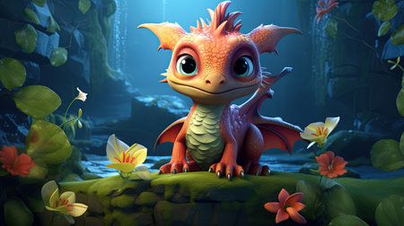 This digital image depicts a cute dragon in the style of realistic figurative paintings and street art. The dragon is portrayed with light red and green shades, giving it a vibrant and lively appearance.の素材