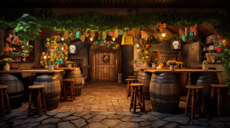 Celebrate the lively atmosphere of a beer barrel brewery nestled in the heart of Ireland. Immerse yourself in the playful and festive ambiance, with high-angle views and rustic tavern scenes. Experience the unique blend of cottagepunk and salvagepunk vibes in this unforgettable experience.の素材
