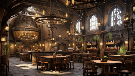 Celebrate the lively atmosphere of a beer barrel brewery nestled in the heart of Ireland. Immerse yourself in the playful and festive ambiance, with high-angle views and rustic tavern scenes. Experience the unique blend of cottagepunk and salvagepunk vibes in this unforgettable experience.の素材