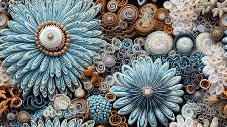A beautiful digital image of seashells in blue and brown shades, nacre, and intricate spirals. The seashells are arranged in an illusory wallpaper portrait style with transparent panels, beige and aquamarine colors, and chromatic sculptural slabsの素材