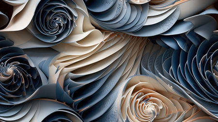 A beautiful digital image of seashells in blue and brown shades, nacre, and intricate spirals. The seashells are arranged in an illusory wallpaper portrait style with transparent panels, beige and aquamarine colors, and chromatic sculptural slabsの素材