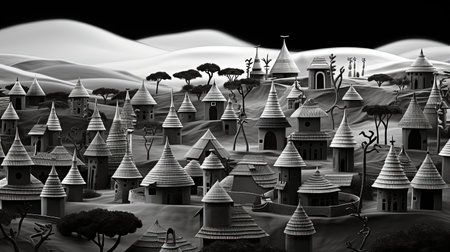 A monochromatic image of African villages, showing the beauty of African architecture and lifestyle. The image captures the essence of the African culture and heritage, with a special focus on the simplicity and elegance of the village life.の素材