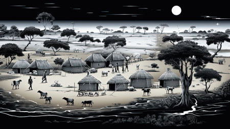 A monochromatic image of African villages, showing the beauty of African architecture and lifestyle. The image captures the essence of the African culture and heritage, with a special focus on the simplicity and elegance of the village life.の素材