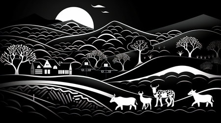 A monochromatic image of African villages, showing the beauty of African architecture and lifestyle. The image captures the essence of the African culture and heritage, with a special focus on the simplicity and elegance of the village life.の素材