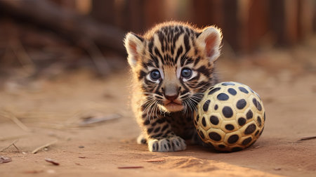 A playful and cute Amur leopard cub is captured in this digital image, showcasing the adorable nature of these endangered animals. With its innocent expression and playful behavior, this image is sure to bring a smile to anyone's face.の素材