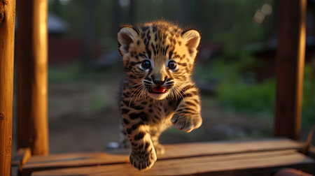 A playful and cute Amur leopard cub is captured in this digital image, showcasing the adorable nature of these endangered animals. With its innocent expression and playful behavior, this image is sure to bring a smile to anyone's face.の素材