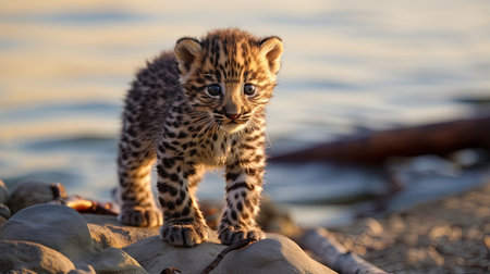 A playful and cute Amur leopard cub is captured in this digital image, showcasing the adorable nature of these endangered animals. With its innocent expression and playful behavior, this image is sure to bring a smile to anyone's face.の素材