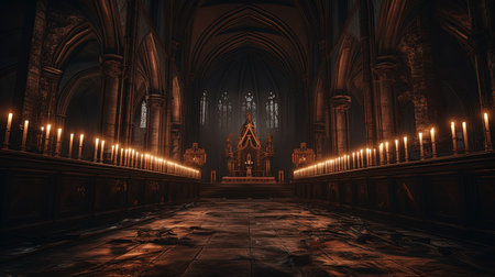 A breathtaking digital panorama of the interior of an old gothic church, illuminated only by the flickering light of candles. The image was created using advanced ray tracing techniques, giving it a cinematic quality that draws the viewer in and creates a sense of otherworldly mystique.の素材