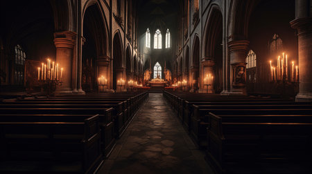 A breathtaking digital panorama of the interior of an old gothic church, illuminated only by the flickering light of candles. The image was created using advanced ray tracing techniques, giving it a cinematic quality that draws the viewer in and creates a sense of otherworldly mystique.の素材