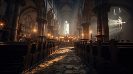 A breathtaking digital panorama of the interior of an old gothic church, illuminated only by the flickering light of candles. The image was created using advanced ray tracing techniques, giving it a cinematic quality that draws the viewer in and creates a sense of otherworldly mystique.の素材