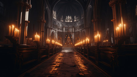 A breathtaking digital panorama of the interior of an old gothic church, illuminated only by the flickering light of candles. The image was created using advanced ray tracing techniques, giving it a cinematic quality that draws the viewer in and creates a sense of otherworldly mystique.の素材