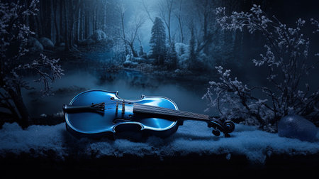 A lone violin sits amidst a serene snowy landscape, ready to fill the air with its enchanting melodies. The dark blue and sky-blue color scheme perfectly captures the chilly winter atmosphere, while the realistic depiction of light adds depth and dimension to the image. The mosscore adds a touch of rustic charm, reminding us of the beauty of simplicityの素材