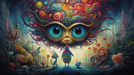 A digital masterpiece that beautifully blends elements of Na??ve Art and Fantasy Illustration. The image captures a subject in a state of wide-eyed wonder, surrounded by a whimsical world of fantastical creatures and vibrant, childlike colors.の素材