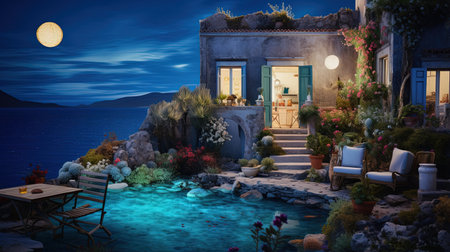 Escape to a world of enchantment and tranquility in this luminous and dreamlike stone house. Immerse yourself in the beauty of the terraced cityscapes while enjoying the warmth of the fireplace and the refreshing pool. A truly spectacular backdrop for your dreams to unfold.の素材