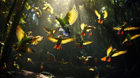 Witness the breathtaking beauty of a large group of parrots gracefully soaring through the Amazon rainforest at sunset, as sunbeams pierce through the foliage. A truly mystical experience that will leave you in awe.の素材
