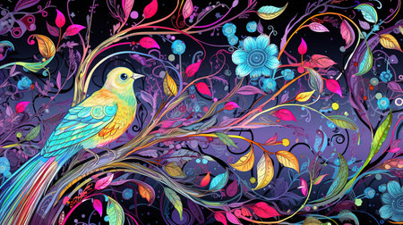 Immerse yourself in the whimsical world of this enchanting nightingale tapestry. With its intricate details and beautiful lighting, this digital art piece brings together elements of silk tapestry, embroidery, and watercolor. Let your imagination soar as you explore the colorful and expressive brush strokes, created using Unreal Engine.の素材