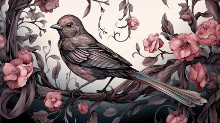 Immerse yourself in the whimsical world of this enchanting nightingale tapestry. With its intricate details and beautiful lighting, this digital art piece brings together elements of silk tapestry, embroidery, and watercolor. Let your imagination soar as you explore the colorful and expressive brush strokes, created using Unreal Engine.の素材