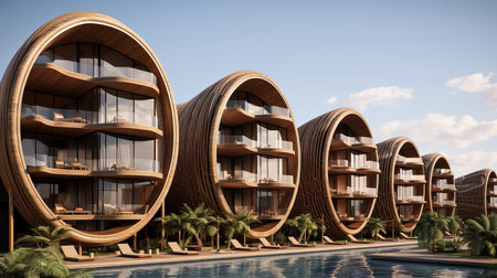 A serene oasis of sculptural architecture inspired by Nubian design, nestled amidst tropical surroundings with lush palms and a refreshing pool.の素材