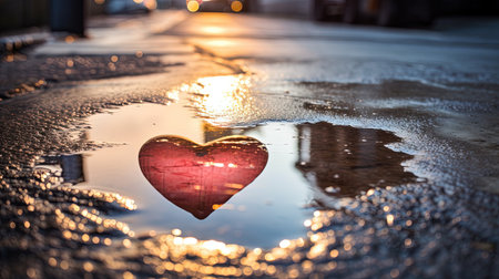 In the stillness of a small puddle, love finds its reflection, reminding us of the beauty that exists within our connections.の素材