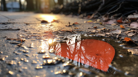 In the stillness of a small puddle, love finds its reflection, reminding us of the beauty that exists within our connections.の素材